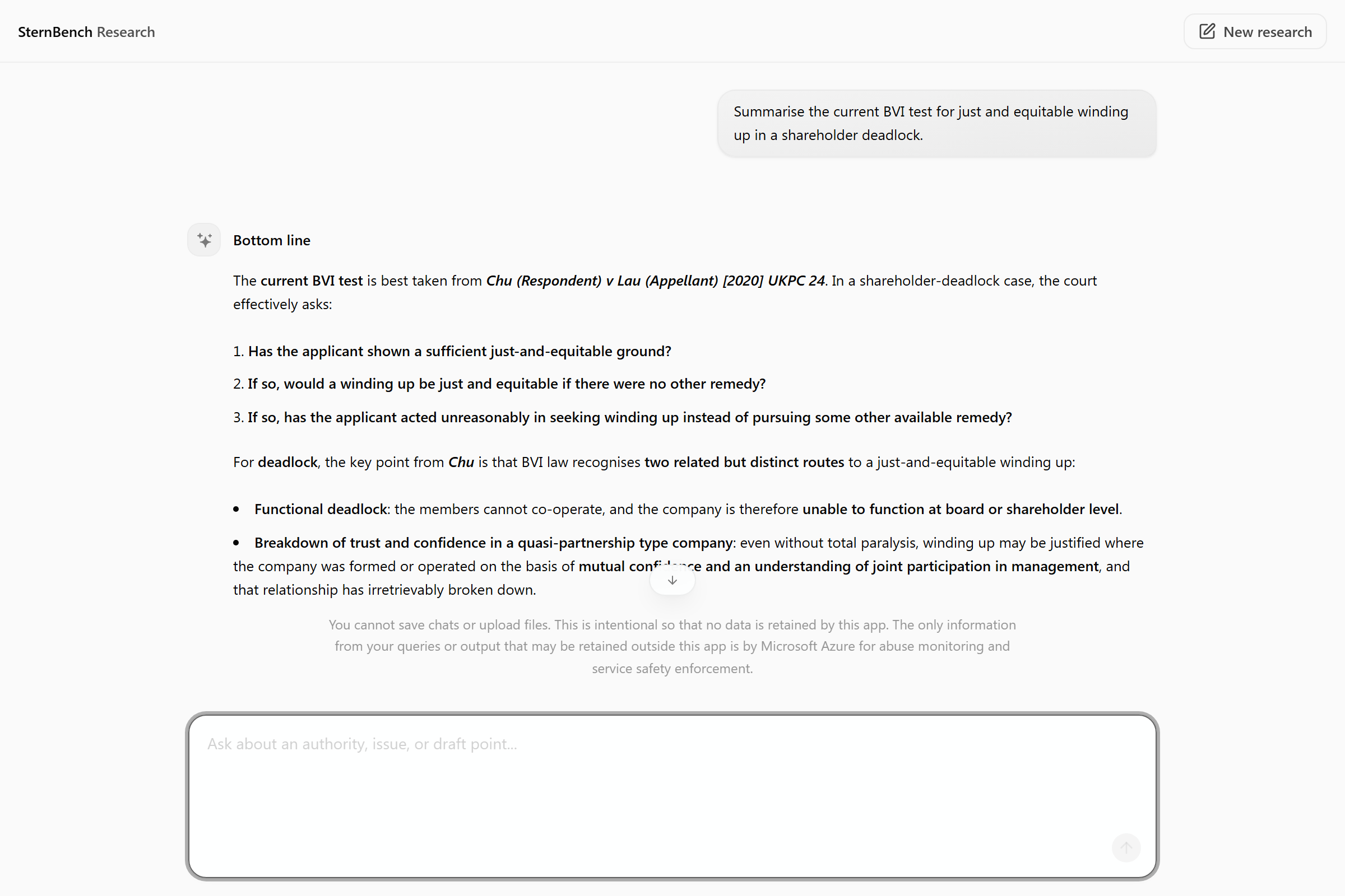 SternBench Research showing a completed BVI shareholder-deadlock answer with the prompt visible above it.