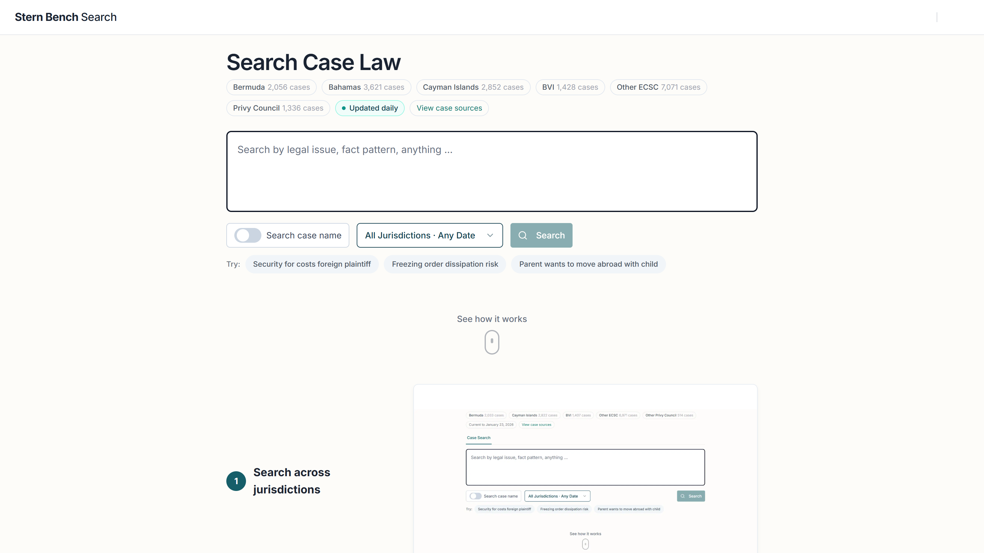 SternBench Search cross-jurisdiction query interface with results workflow visible.
